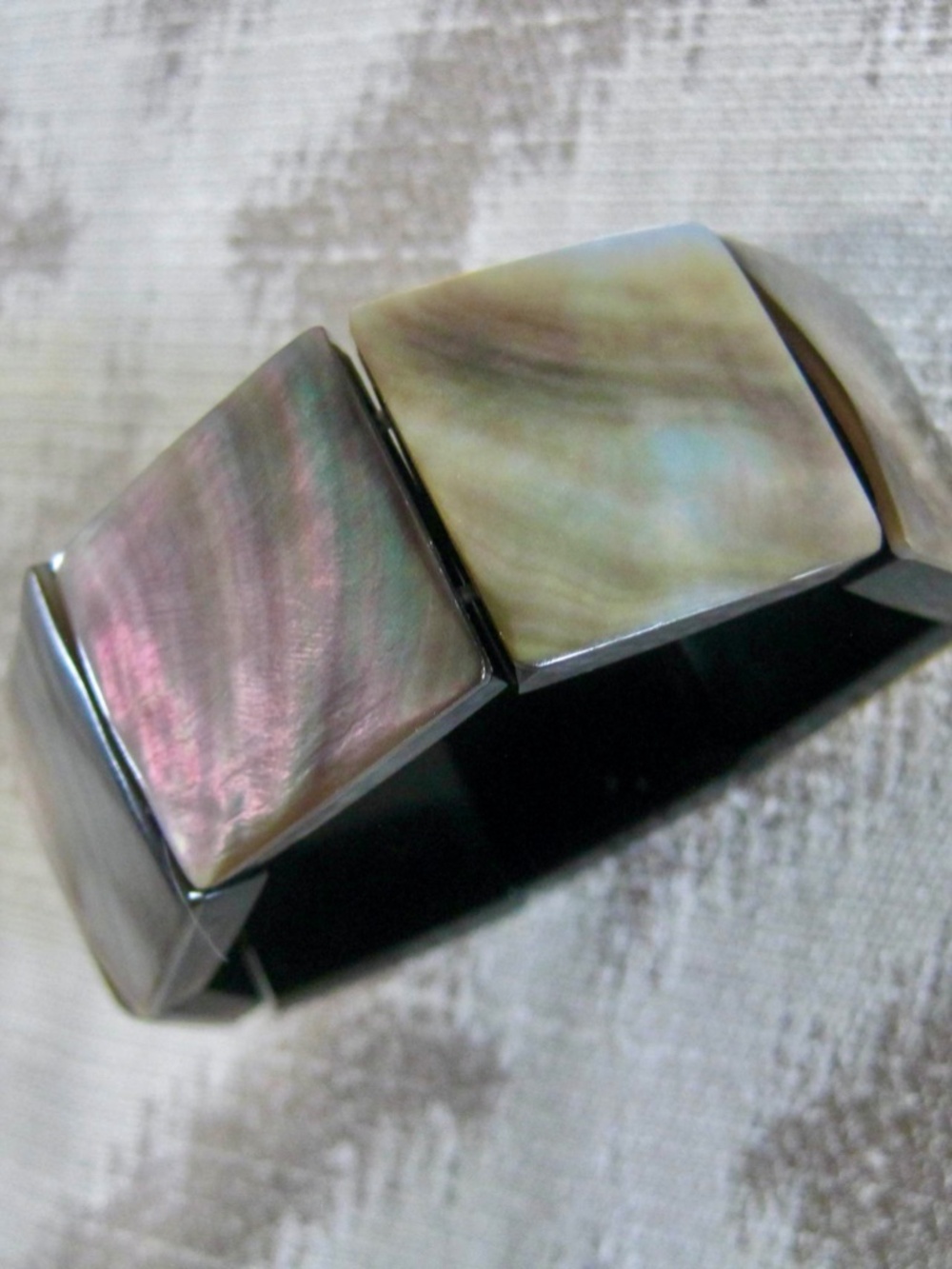 Genuine Rainbow Abalone & Horn Square Panel, Unique Stretch Bracelet.